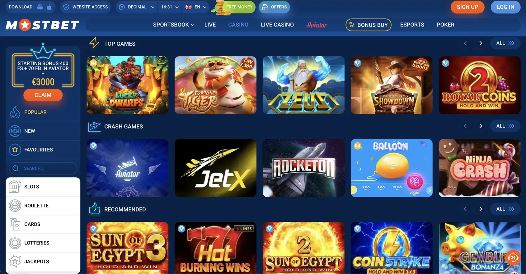 Mostbet casino lobby with top games and crash games